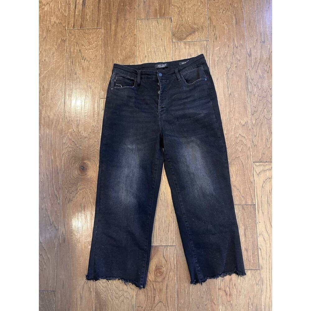 Judy Blue Jeans Womens 13/31 Black Denim Wide Crop Raw Hem Button Fly High Rise